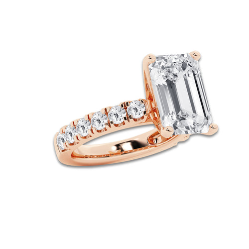 8.00 ctw Emerald Lab-Grown Diamond Split-Prong Set Side Stone Engagement Ring in 14K Rose Gold for Women | Colorless E, VS1 Clarity, IGI Certified 7.00 ct Center Diamond