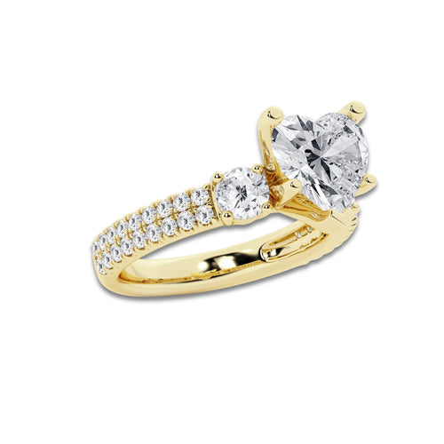 4.00 ctw Heart Lab-Grown Diamond Three Stone Double Row Engagement Ring in 14K Yellow Gold for Women | D Color, VVS1 Clarity, IGI Certified 3.00 ct Center Diamond