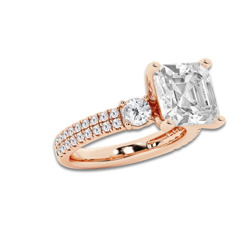 5.96 ctw Asscher Lab-Grown Diamond Three Stone Double Row Engagement Ring in 14K Rose Gold for Women | E Color, VS1 Clarity, IGI Certified 5.00 ct Center Diamond