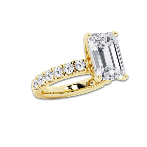 8.00 ctw Emerald Lab-Grown Diamond Split-Prong Set Side Stone Engagement Ring in 14K Yellow Gold for Women | Colorless D, VVS1 Clarity, IGI Certified 7.00 ct Center Diamond