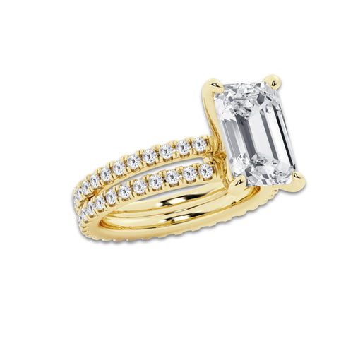 6.22 ctw Emerald Lab-Grown Diamond Double Row Diamond Engagement Ring in 14K Yellow Gold for Women | Colorless E, VS1 Clarity, IGI Certified 5.00 ct Center Diamond