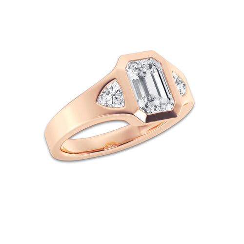 Casa 2 5/8 ctw Emerald Lab Grown Diamond Bezel Set With Trillion Three Stone Engagement Ring 14K Rose Gold, D, VVS | IGI Certified, 2 ct Center