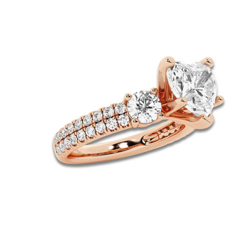 1.50 ctw Heart Lab-Grown Diamond Three Stone Double Row Engagement Ring in 14K Rose Gold for Women | E Color, VS1 Clarity, IGI Certified 0.75 ct Center Diamond