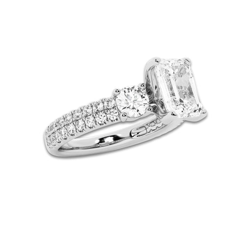 3.00 ctw Emerald Lab-Grown Diamond Three Stone Double Row Engagement Ring in Platinum for Women | D Color, VVS1 Clarity, IGI Certified 2.00 ct Center Diamond