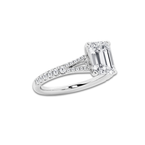 3.33 ctw Emerald Lab-Grown Diamond Split Shank Side Stone Engagement Ring in Platinum for Women | Colorless E, VS1 Clarity, IGI Certified 3.00 ct Center Diamond