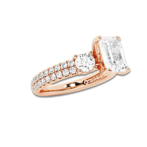 1.75 ctw Emerald Lab-Grown Diamond Three Stone Double Row Engagement Ring in 14K Rose Gold for Women | D Color, VVS1 Clarity, IGI Certified 1.00 ct Center Diamond