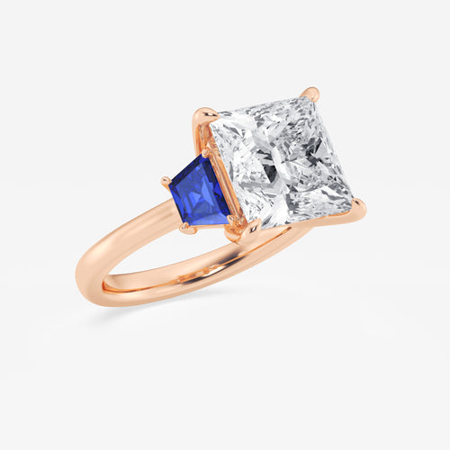 Camellia 5 ctw Princess Lab Grown Diamond and 5.5x3.3x2.2 mm Trapezoid Created Sapphire Three-Stone Ring 14K Rose Gold, E, VS1 | IGI Certified, 5 ct Center