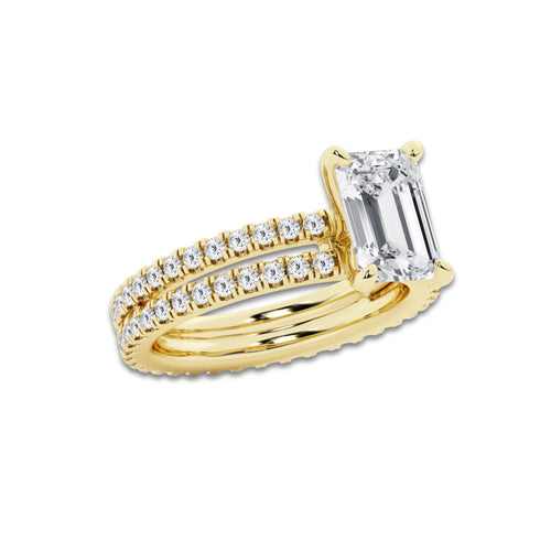 3.39 ctw Emerald Lab-Grown Diamond Double Row Diamond Engagement Ring in 14K Yellow Gold for Women | Colorless E, VS1 Clarity, IGI Certified 2.50 ct Center Diamond