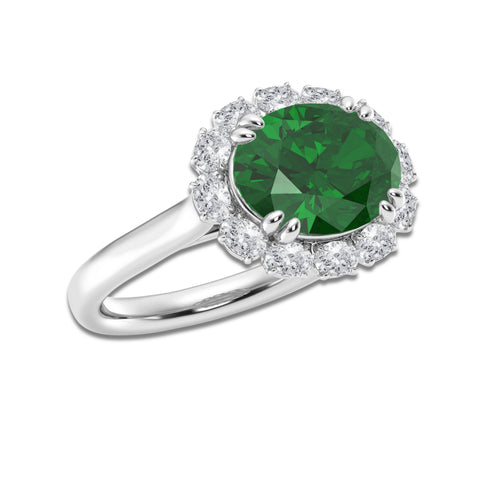 Tithonia 4 5/8 ctw Oval Cut Emerald and Oval Lab Grown Diamond Engagement Ring 14K White Gold | 4 ct Center