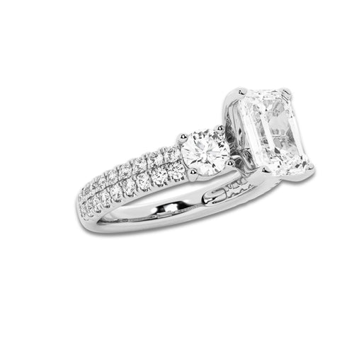 2.25 ctw Emerald Lab-Grown Diamond Three Stone Double Row Engagement Ring in 14K White Gold for Women | D Color, VVS1 Clarity, IGI Certified 1.50 ct Center Diamond