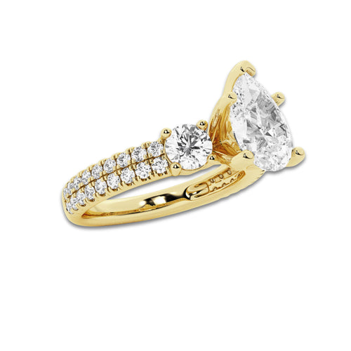 3.00 ctw Pear Lab-Grown Diamond Three Stone Double Row Engagement Ring in 14K Yellow Gold for Women | D Color, VVS1 Clarity, IGI Certified 2.00 ct Center Diamond