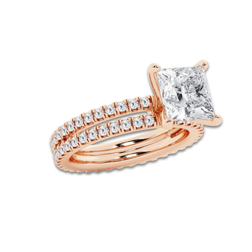3.89 ctw Princess Lab-Grown Diamond Double Row Diamond Engagement Ring in 14K Rose Gold for Women | Colorless D, VVS1 Clarity, IGI Certified 3.00 ct Center Diamond