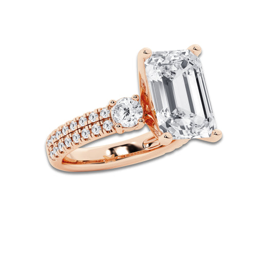 8.96 ctw Emerald Lab-Grown Diamond Three Stone Double Row Engagement Ring in 14K Rose Gold for Women | D Color, VVS1 Clarity, IGI Certified 8.00 ct Center Diamond