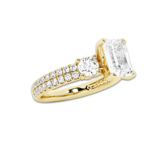 1.50 ctw Emerald Lab-Grown Diamond Three Stone Double Row Engagement Ring in 14K Yellow Gold for Women | E Color, VS1 Clarity, IGI Certified 0.75 ct Center Diamond