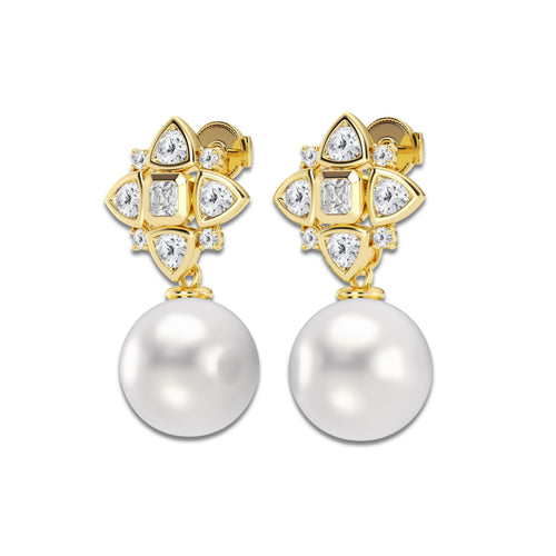 14 mm Cultured Freshwater Pearl and 2 ctw Lab Grown Diamond Earrings 14K Yellow Gold