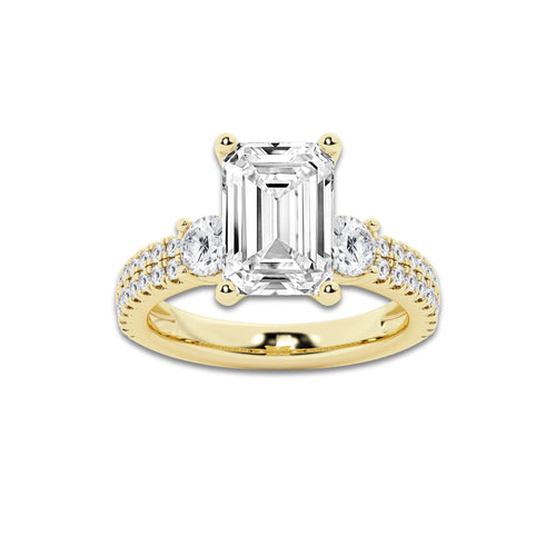 4.96 ctw Emerald Lab-Grown Diamond Three Stone Double Row Engagement Ring in 14K Yellow Gold for Women | D Color, VVS1 Clarity, IGI Certified 4.00 ct Center Diamond