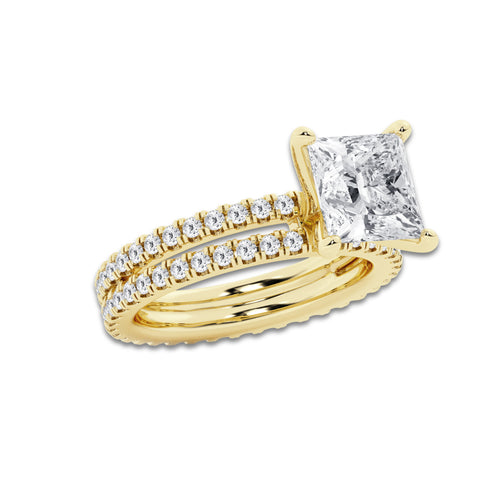 3.89 ctw Princess Lab-Grown Diamond Double Row Diamond Engagement Ring in 14K Yellow Gold for Women | Colorless D, VVS1 Clarity, IGI Certified 3.00 ct Center Diamond