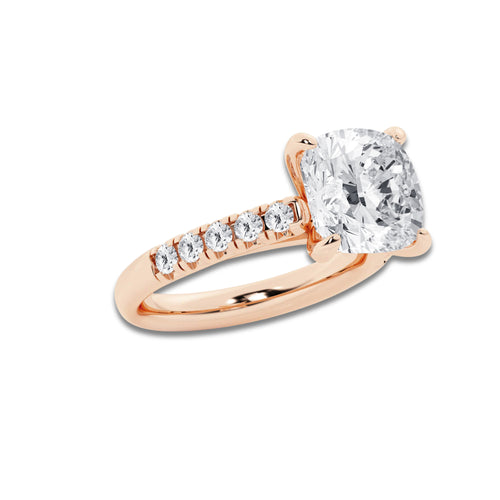 5.43 ctw Cushion Lab-Grown Diamond Pave Engagement Ring in 14K Rose Gold for Women | D Color, VVS1 Clarity, IGI Certified 5.00 ct Center Diamond
