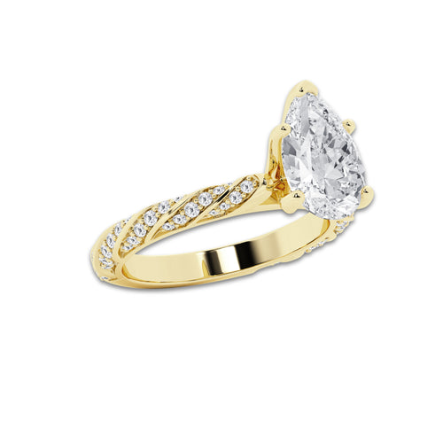 3.44 ctw Pear Lab-Grown Diamond Twisted Band Engagement Ring in 14K Yellow Gold for Women | Colorless E, VS1 Clarity, IGI Certified 3.00 ct Center Diamond