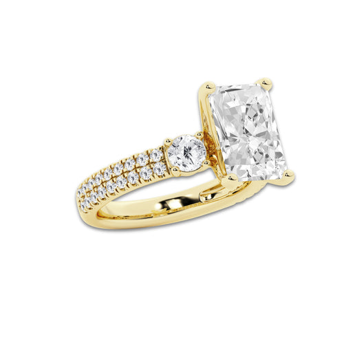 4.46 ctw Radiant Lab-Grown Diamond Three Stone Double Row Engagement Ring in 14K Yellow Gold for Women | E Color, VS1 Clarity, IGI Certified 3.50 ct Center Diamond