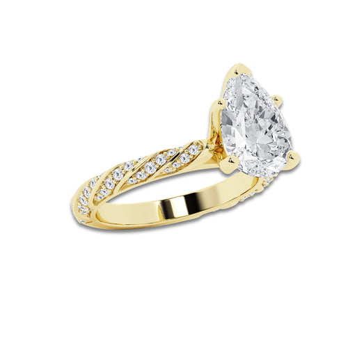 3.44 ctw Pear Lab-Grown Diamond Twisted Band Engagement Ring in 14K Yellow Gold for Women | Colorless D, VVS1 Clarity, IGI Certified 3.00 ct Center Diamond