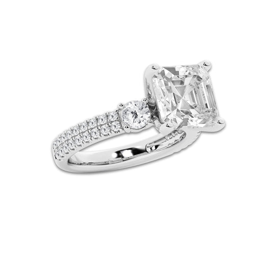 5.96 ctw Asscher Lab-Grown Diamond Three Stone Double Row Engagement Ring in 14K White Gold for Women | D Color, VVS1 Clarity, IGI Certified 5.00 ct Center Diamond