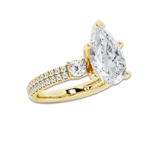 5.96 ctw Pear Lab-Grown Diamond Three Stone Double Row Engagement Ring in 14K Yellow Gold for Women | D Color, VVS1 Clarity, IGI Certified 5.00 ct Center Diamond