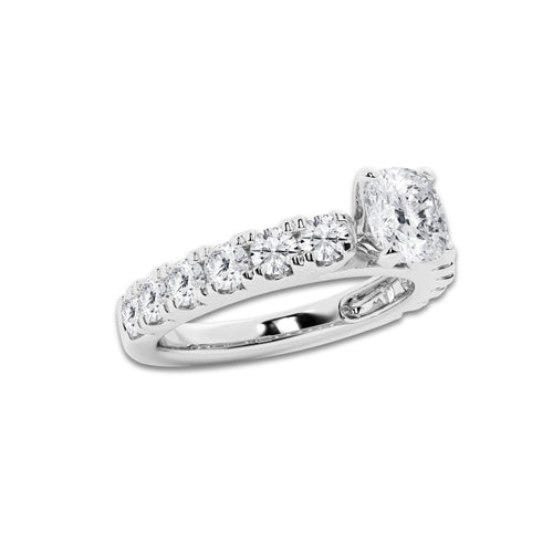2.00 ctw Cushion Lab-Grown Diamond Split-Prong Set Side Stone Engagement Ring in 14K White Gold for Women | Colorless D, VVS1 Clarity, IGI Certified 1.00 ct Center Diamond