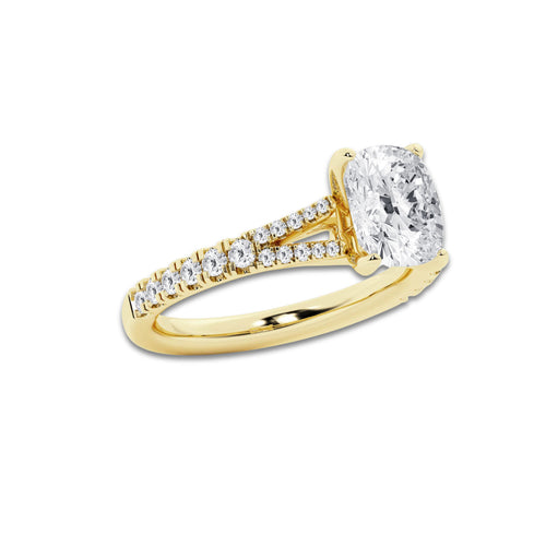 2.32 ctw Elongated Cushion Lab-Grown Diamond Split Shank Side Stone Engagement Ring in 14K Yellow Gold for Women | Colorless E, VS1 Clarity, IGI Certified 2.00 ct Center Diamond