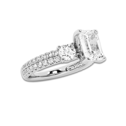 3.00 ctw Emerald Lab-Grown Diamond Three Stone Double Row Engagement Ring in Platinum for Women | E Color, VS1 Clarity, IGI Certified 2.00 ct Center Diamond