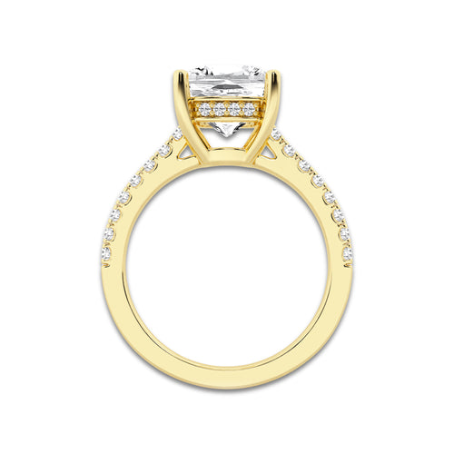 3.28 ctw Cushion Lab-Grown Diamond Hidden Halo Side Stone Engagement Ring in 18K Yellow Gold for Women | Colorless E, VS1 Clarity, IGI Certified 3.00 ct Center Diamond