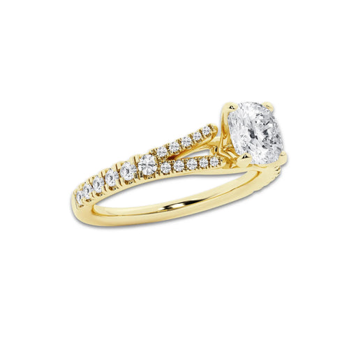 1.08 ctw Cushion Lab-Grown Diamond Split Shank Side Stone Engagement Ring in 14K Yellow Gold for Women | Colorless E, VS1 Clarity, IGI Certified 0.75 ct Center Diamond