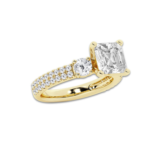 4.00 ctw Asscher Lab-Grown Diamond Three Stone Double Row Engagement Ring in 14K Yellow Gold for Women | D Color, VVS1 Clarity, IGI Certified 3.00 ct Center Diamond