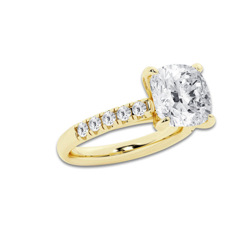 5.43 ctw Cushion Lab-Grown Diamond Pave Engagement Ring in 14K Yellow Gold for Women | E Color, VS1 Clarity, IGI Certified 5.00 ct Center Diamond