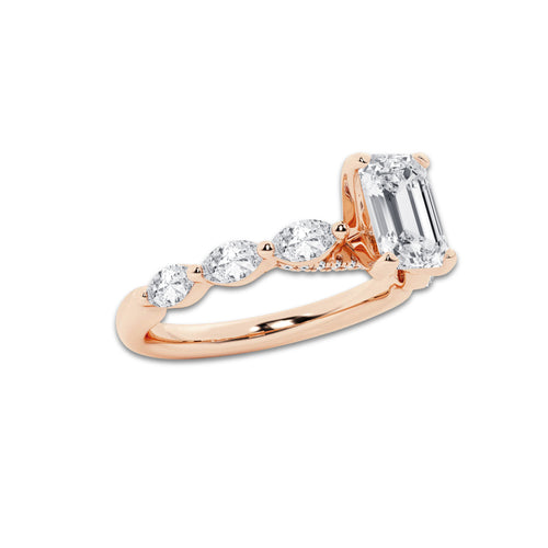 1.16 ctw Emerald Lab-Grown Diamond Marquise Side Stone Engagement Ring in 14K Rose Gold for Women | Colorless E, VS1 Clarity, IGI Certified 0.75 ct Center Diamond