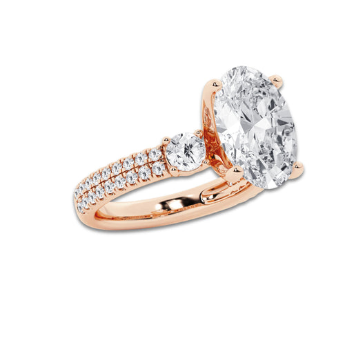5.96 ctw Oval Lab-Grown Diamond Three Stone Double Row Engagement Ring in 14K Rose Gold for Women | E Color, VS1 Clarity, IGI Certified 5.00 ct Center Diamond