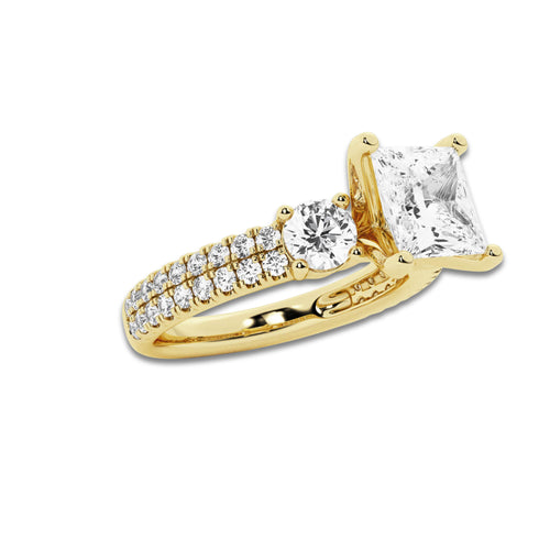 3.00 ctw Princess Lab-Grown Diamond Three Stone Double Row Engagement Ring in 14K Yellow Gold for Women | E Color, VS1 Clarity, IGI Certified 2.00 ct Center Diamond