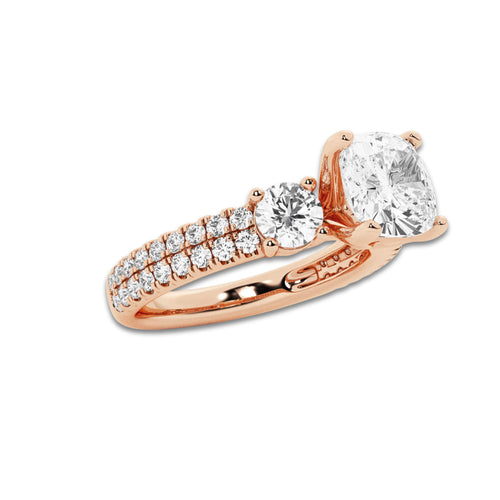 2.25 ctw Cushion Lab-Grown Diamond Three Stone Double Row Engagement Ring in 14K Rose Gold for Women | D Color, VVS1 Clarity, IGI Certified 1.50 ct Center Diamond