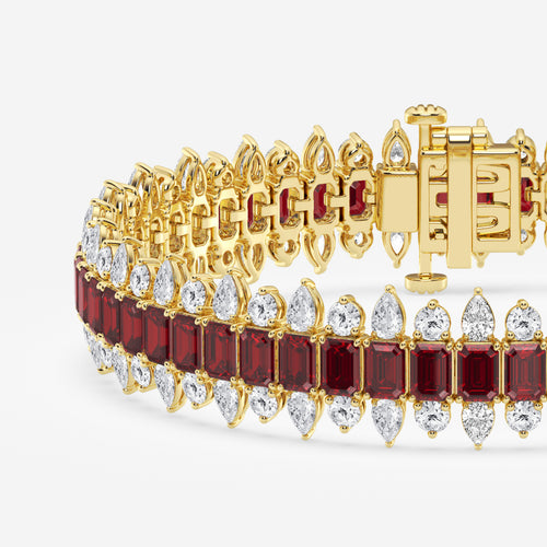 14 1/2 Emerald Cut Created Ruby and Round and Pear Lab Grown Diamond Bracelet - 7 Inches 14K Yellow Gold