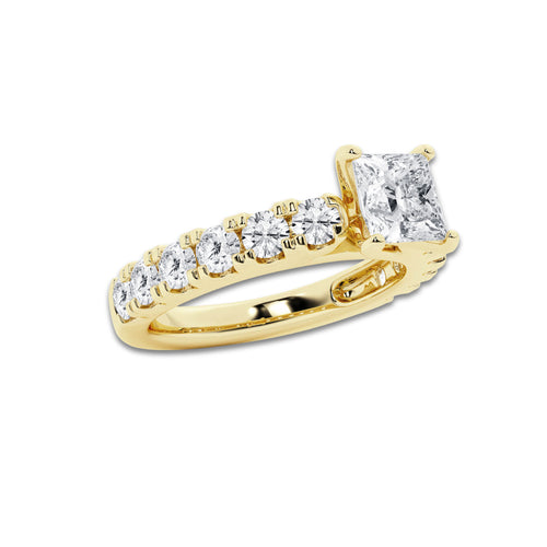 2.00 ctw Princess Lab-Grown Diamond Split-Prong Set Side Stone Engagement Ring in 14K Yellow Gold for Women | Colorless D, VVS1 Clarity, IGI Certified 1.00 ct Center Diamond