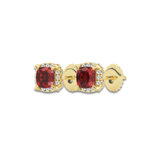 7.0X7.0 mm Cushion Cut Created Ruby and 1/3 ctw Round Lab Grown Diamond Shadow Halo Stud Earrings 14K Yellow Gold