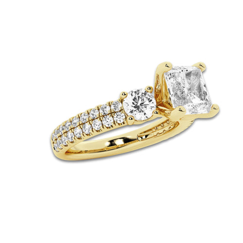 3.00 ctw Asscher Lab-Grown Diamond Three Stone Double Row Engagement Ring in 14K Yellow Gold for Women | E Color, VS1 Clarity, IGI Certified 2.00 ct Center Diamond