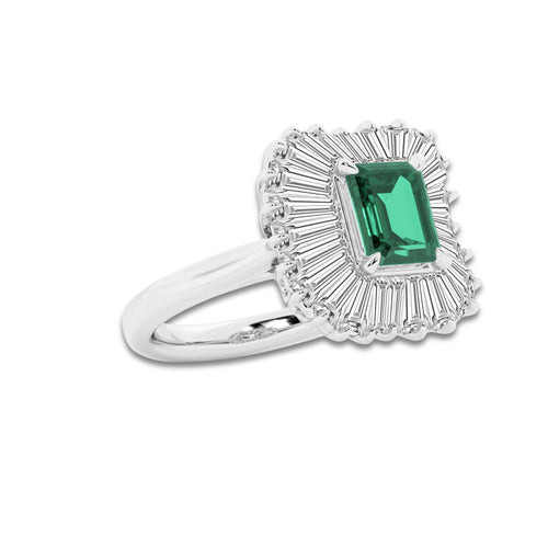 Bellflower 2 7/8 ctw Emerald Cut Emerald and Tapered Baguette Lab Grown Diamond Engagement Ring 14K White Gold | 1 1/2 ct Center