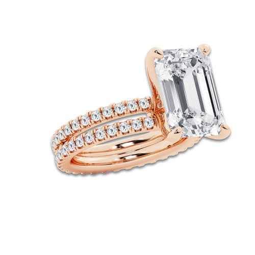 9.22 ctw Emerald Lab-Grown Diamond Double Row Diamond Engagement Ring in 14K Rose Gold for Women | Colorless D, VVS1 Clarity, IGI Certified 8.00 ct Center Diamond