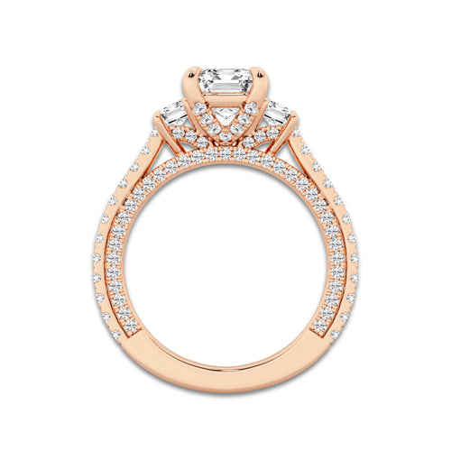 Hyacinth 3 1/10 ctw Emerald Lab Grown Diamond Three Stone Engagement Ring with Side Diamonds 14K Rose Gold, D, VVS | IGI Certified, 2 ct Center