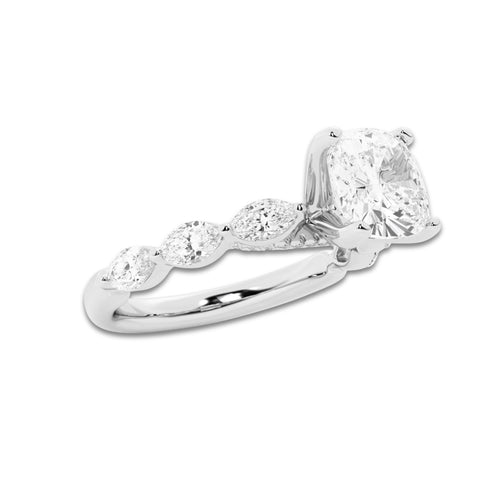 2.53 ctw Cushion Lab-Grown Diamond Marquise Side Stone Engagement Ring in 14K White Gold for Women | Colorless D, VVS1 Clarity, IGI Certified 2.00 ct Center Diamond