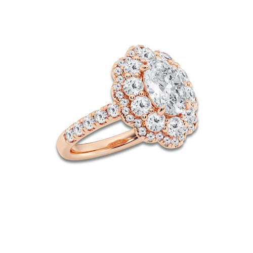 2 7/8 ctw Oval Lab Grown Diamond Double Scalloped Halo Engagement Ring 14K Rose Gold, D, VVS | IGI Certified, 1 1/2 ct Center