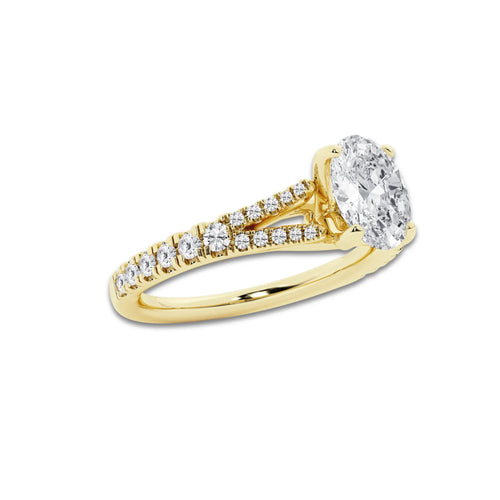 1.08 ctw Oval Lab-Grown Diamond Split Shank Side Stone Engagement Ring in 14K Yellow Gold for Women | Colorless E, VS1 Clarity, IGI Certified 0.75 ct Center Diamond
