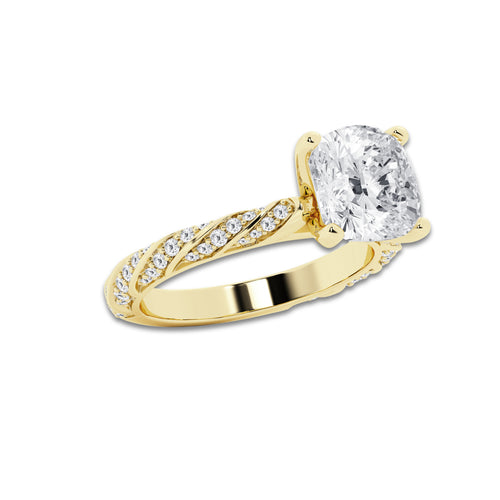 5.42 ctw Cushion Lab-Grown Diamond Twisted Band Engagement Ring in 14K Yellow Gold for Women | Colorless D, VVS1 Clarity, IGI Certified 5.00 ct Center Diamond