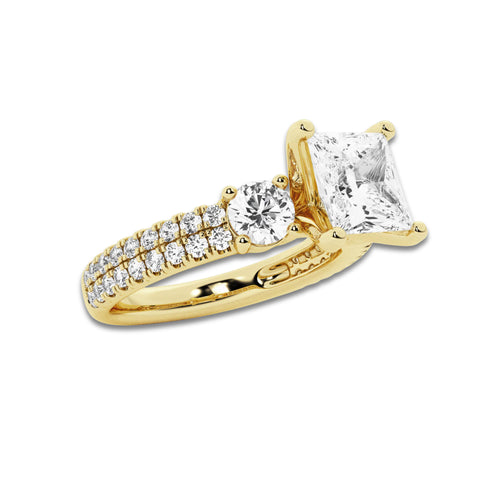 2.25 ctw Princess Lab-Grown Diamond Three Stone Double Row Engagement Ring in 14K Yellow Gold for Women | E Color, VS1 Clarity, IGI Certified 1.50 ct Center Diamond